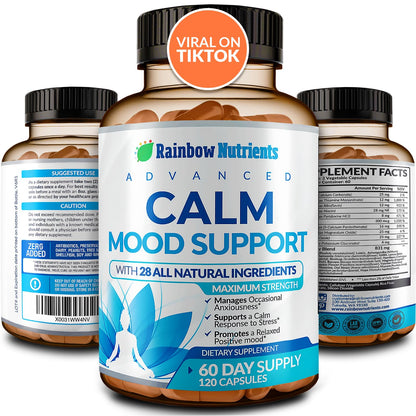28 in 1 Calm Mood Support Supplement- Natural Happy Pills for Occasional Anxiousness & Stress, Worry feelings, Relaxation, Mental Clarity | Max Sleep & Mood Support for Women & Men|120 Vegan Capsules - dailyvitalstore