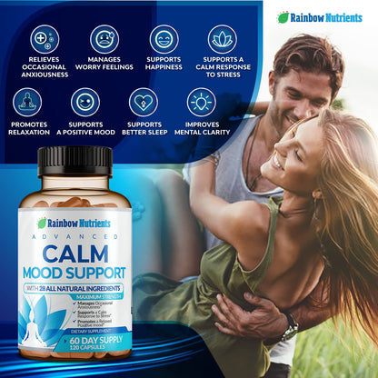 28 in 1 Calm Mood Support Supplement- Natural Happy Pills for Occasional Anxiousness & Stress, Worry feelings, Relaxation, Mental Clarity | Max Sleep & Mood Support for Women & Men|120 Vegan Capsules - dailyvitalstore