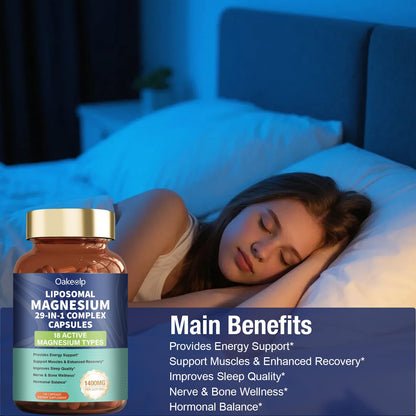29-in-1 Liposomal 18 Active Types Magnesium Complex 1400MG Capsule,L-Threonate Glycinate Malate etc,Mild & Efficient,Extra Vitamin B6 B12 D3K2 & CoQ10, Relaxation Nerve* & Hert* Support - dailyvitalstore