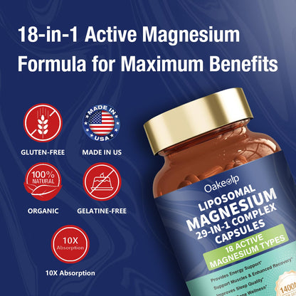 29-in-1 Liposomal 18 Active Types Magnesium Complex 1400MG Capsule,L-Threonate Glycinate Malate etc,Mild & Efficient,Extra Vitamin B6 B12 D3K2 & CoQ10, Relaxation Nerve* & Hert* Support - dailyvitalstore