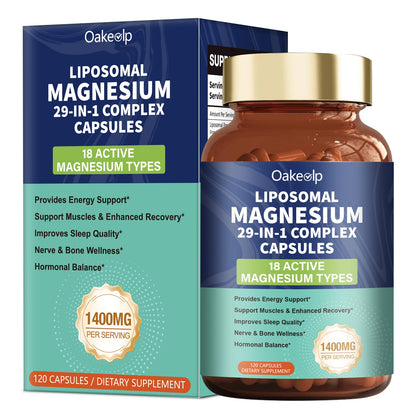 29-in-1 Liposomal 18 Active Types Magnesium Complex 1400MG Capsule,L-Threonate Glycinate Malate etc,Mild & Efficient,Extra Vitamin B6 B12 D3K2 & CoQ10, Relaxation Nerve* & Hert* Support - dailyvitalstore