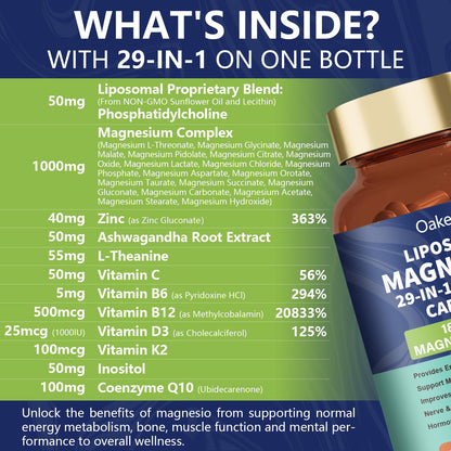 29-in-1 Liposomal 18 Active Types Magnesium Complex 1400MG Capsule,L-Threonate Glycinate Malate etc,Mild & Efficient,Extra Vitamin B6 B12 D3K2 & CoQ10, Relaxation Nerve* & Hert* Support - dailyvitalstore