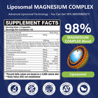 29-in-1 Liposomal 18 Active Types Magnesium Complex 1400MG Capsule,L-Threonate Glycinate Malate etc,Mild & Efficient,Extra Vitamin B6 B12 D3K2 & CoQ10, Relaxation Nerve* & Hert* Support - dailyvitalstore