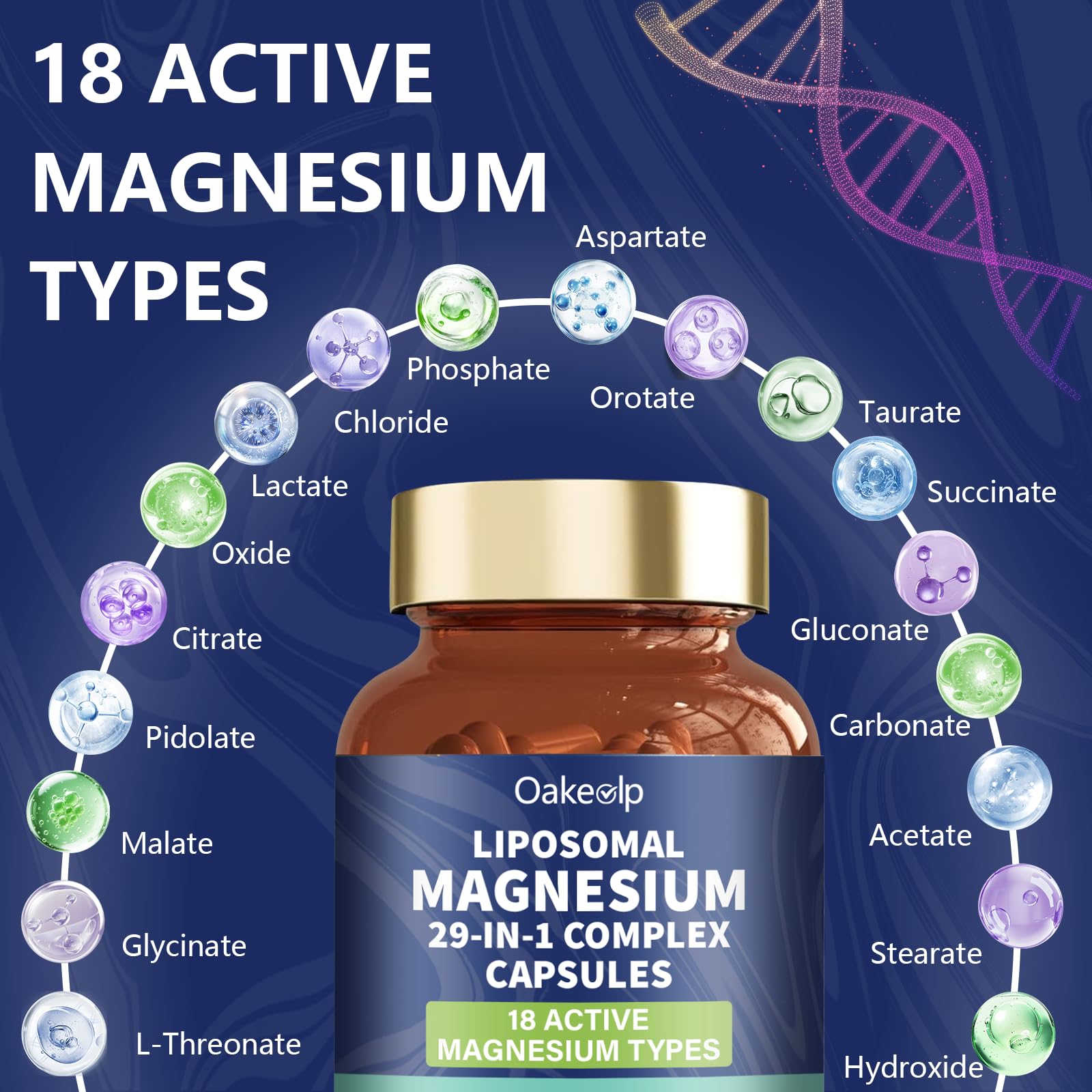 29-in-1 Liposomal 18 Active Types Magnesium Complex 1400MG Capsule,L-Threonate Glycinate Malate etc,Mild & Efficient,Extra Vitamin B6 B12 D3K2 & CoQ10, Relaxation Nerve* & Hert* Support - dailyvitalstore