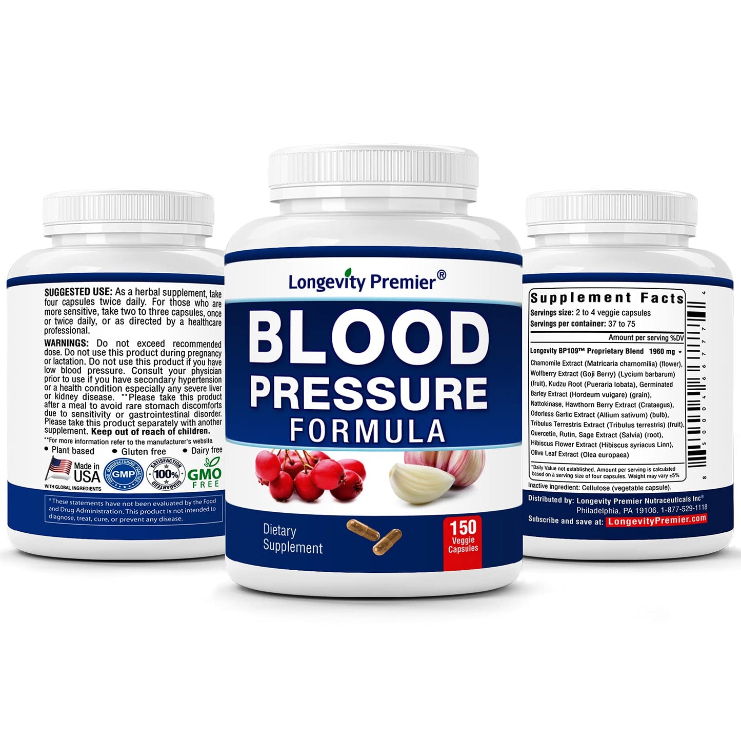 [3-Bottle X 150 Caps] Longevity Blood Pressure Formula -Scientifically formulated with Hawthorn & 12+ Quality Natural Herbs - dailyvitalstore