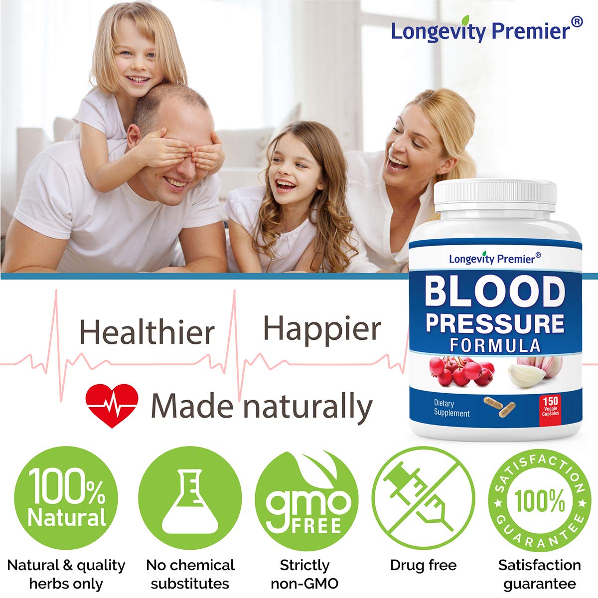 [3-Bottle X 150 Caps] Longevity Blood Pressure Formula -Scientifically formulated with Hawthorn & 12+ Quality Natural Herbs - dailyvitalstore