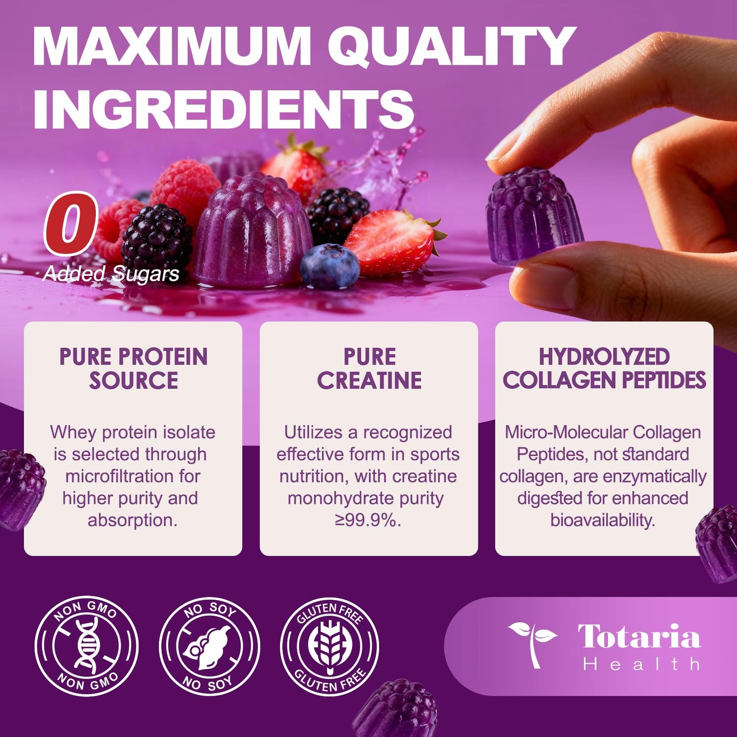3 in 1 Whey Protein Gummies | Creatine Monohydrate | Collagen, 0 Sugar, Pure Protein Source, Muscle & Energy Support, Berry Flavor, for Women and Men - dailyvitalstore