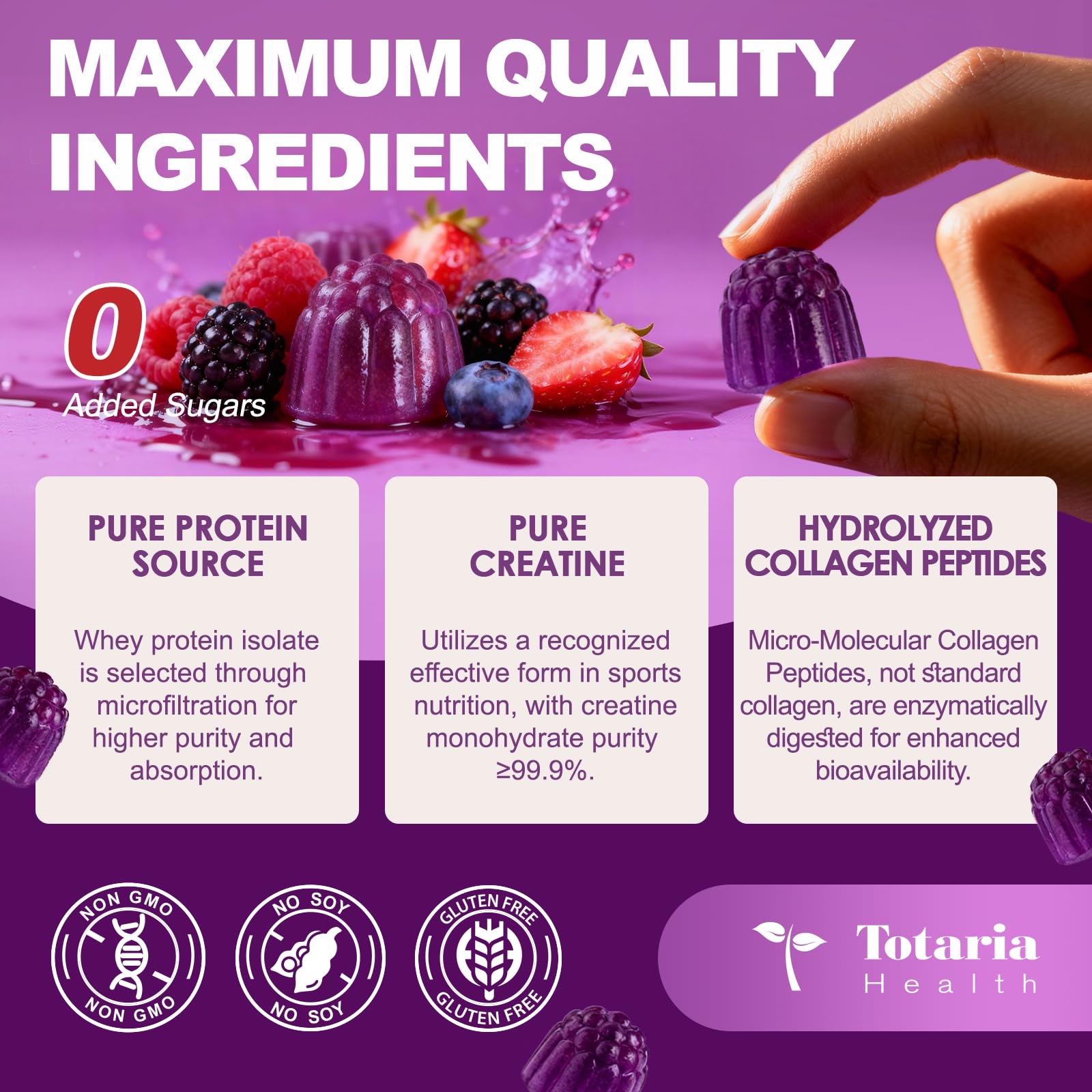 3 in 1 Whey Protein Gummies | Creatine Monohydrate | Collagen, 0 Sugar, Pure Protein Source, Muscle & Energy Support, Berry Flavor, for Women and Men - dailyvitalstore