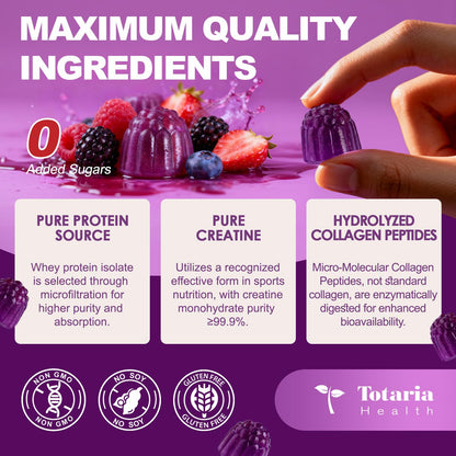 3 in 1 Whey Protein Gummies | Creatine Monohydrate | Collagen, 0 Sugar, Pure Protein Source, Muscle & Energy Support, Berry Flavor, for Women and Men - dailyvitalstore