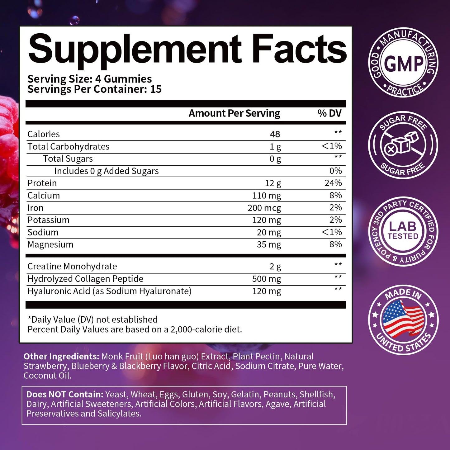 3 in 1 Whey Protein Gummies | Creatine Monohydrate | Collagen, 0 Sugar, Pure Protein Source, Muscle & Energy Support, Berry Flavor, for Women and Men - dailyvitalstore