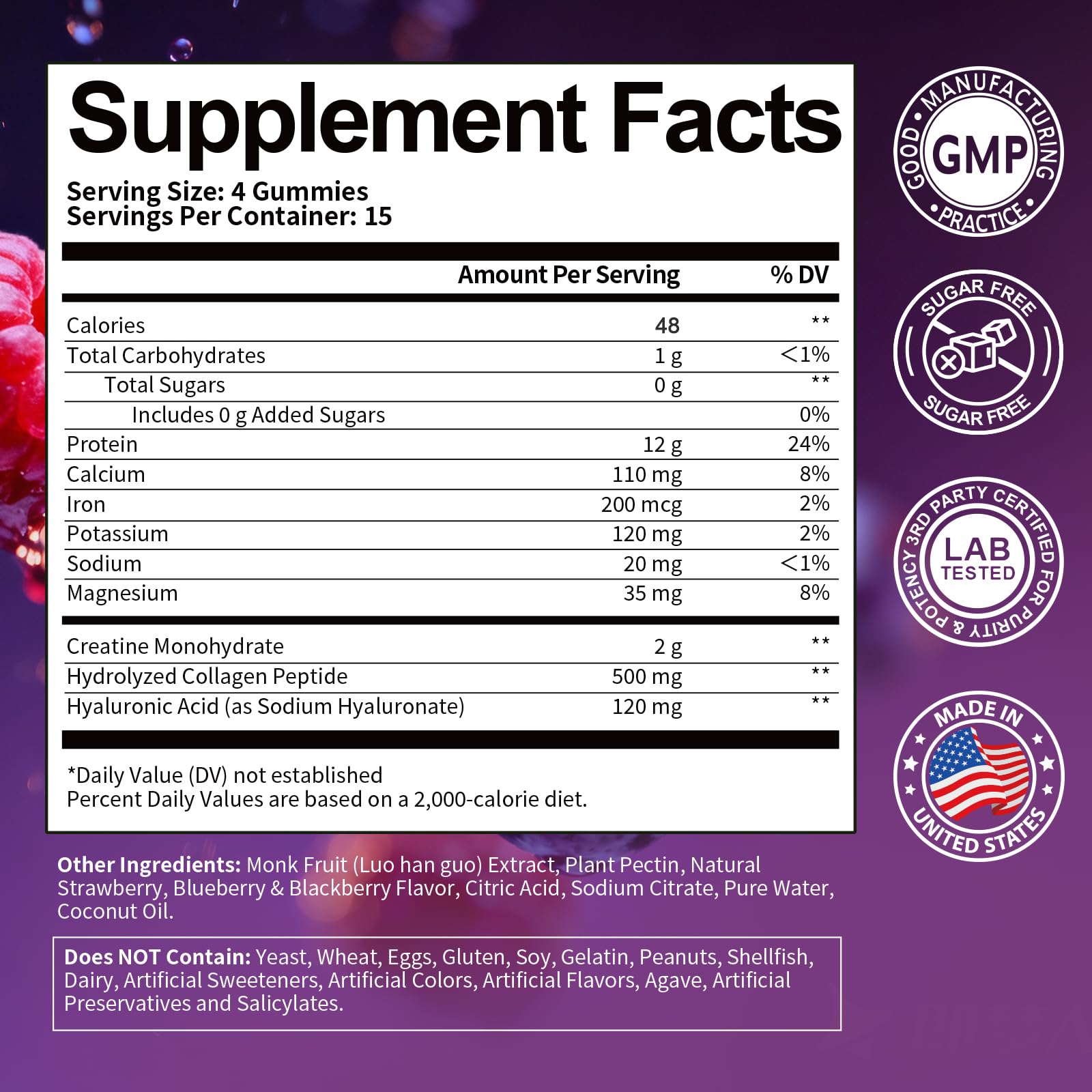 3 in 1 Whey Protein Gummies | Creatine Monohydrate | Collagen, 0 Sugar, Pure Protein Source, Muscle & Energy Support, Berry Flavor, for Women and Men - dailyvitalstore