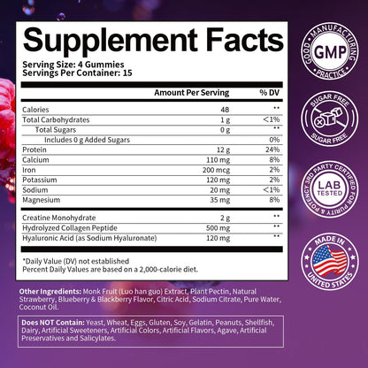 3 in 1 Whey Protein Gummies | Creatine Monohydrate | Collagen, 0 Sugar, Pure Protein Source, Muscle & Energy Support, Berry Flavor, for Women and Men - dailyvitalstore
