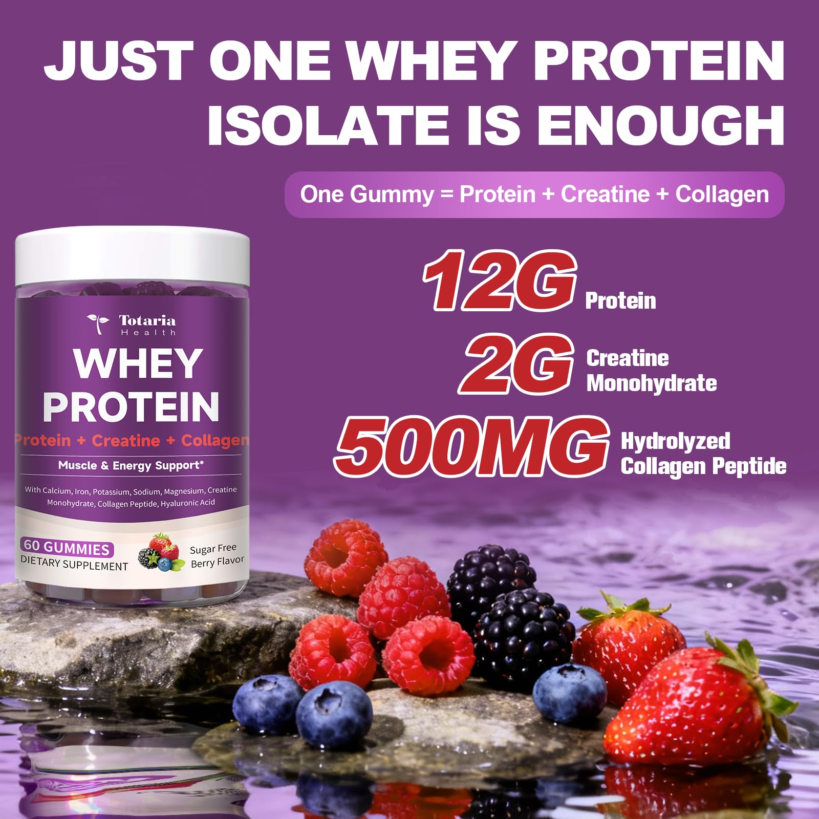 3 in 1 Whey Protein Gummies | Creatine Monohydrate | Collagen, 0 Sugar, Pure Protein Source, Muscle & Energy Support, Berry Flavor, for Women and Men - dailyvitalstore