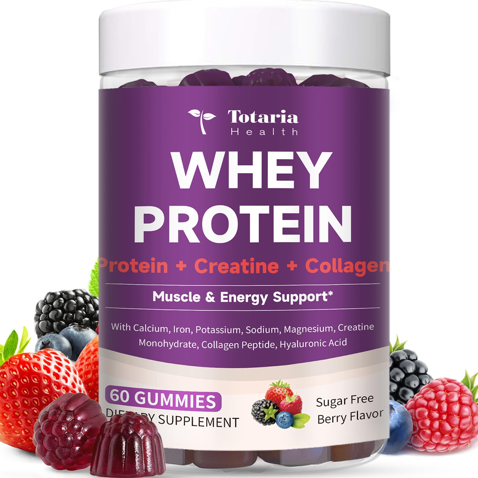 3 in 1 Whey Protein Gummies | Creatine Monohydrate | Collagen, 0 Sugar, Pure Protein Source, Muscle & Energy Support, Berry Flavor, for Women and Men - dailyvitalstore