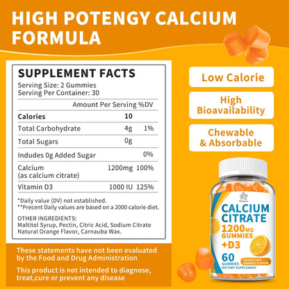 (3 Pack) Calcium Citrate 1200 mg Gummies with Vitamin D3, High Absorption Calcium Supplements for Women & Men, Sugar Free, Non-GMO, Gluten Free, - dailyvitalstore
