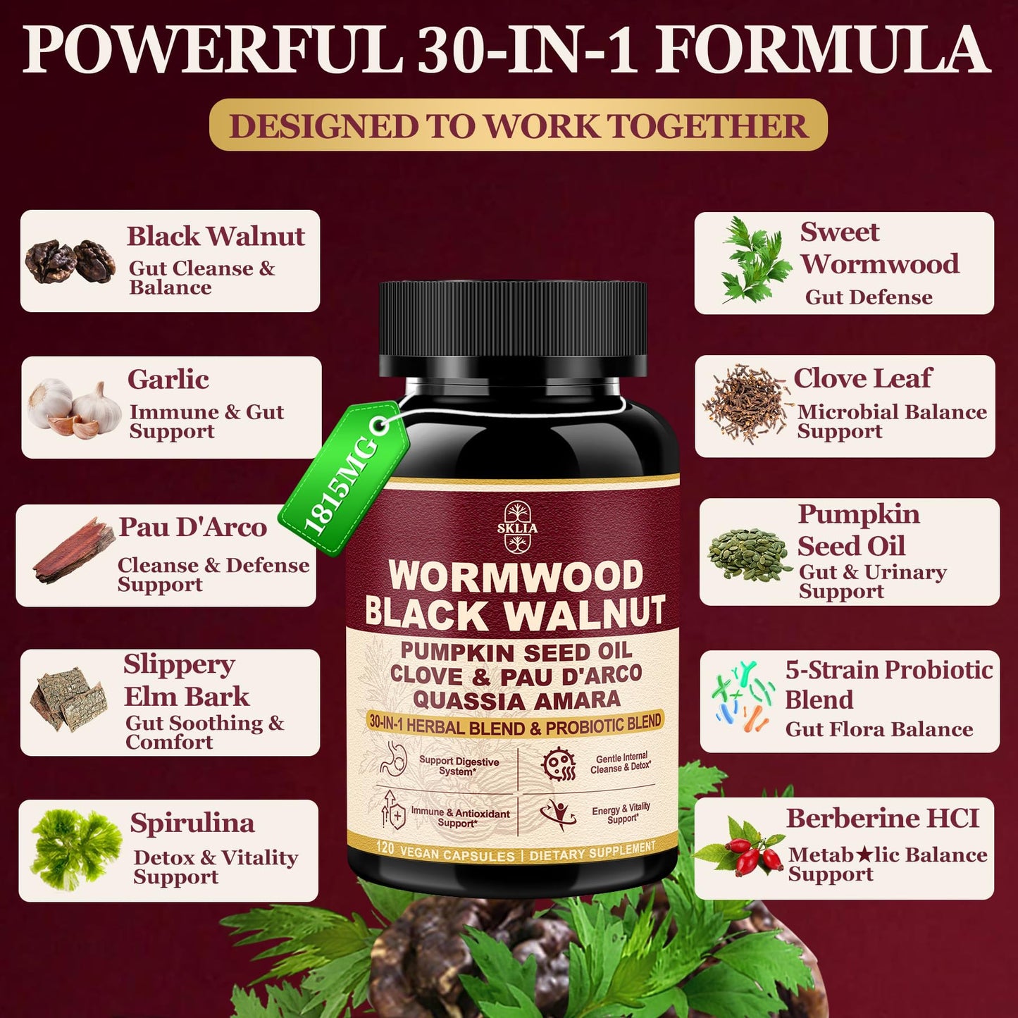 30-in-1 Liposomal Wormwood Black Walnut Clove Cleanse for Humans Capsules – Gut Cleanse & Digestive Support with Clove, Pumpkin Seed Oil, Garlic, Quassia Amara - dailyvitalstore
