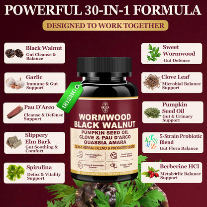 30-in-1 Liposomal Wormwood Black Walnut Clove Cleanse for Humans Capsules – Gut Cleanse & Digestive Support with Clove, Pumpkin Seed Oil, Garlic, Quassia Amara - dailyvitalstore