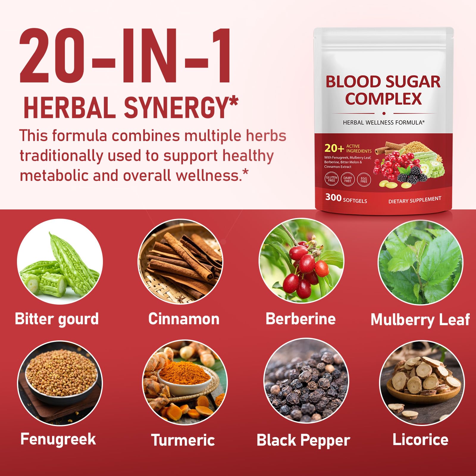 300 Softgels Blood Sugar Complex Supplement | 20+ Active Herbs-Berberine, Cinnamon, Bitter Melon, Mulberry Leaf, Fenugreek, Vitamins for Energy Level - dailyvitalstore