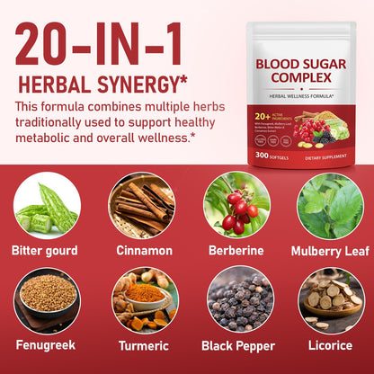 300 Softgels Blood Sugar Complex Supplement | 20+ Active Herbs-Berberine, Cinnamon, Bitter Melon, Mulberry Leaf, Fenugreek, Vitamins for Energy Level - dailyvitalstore