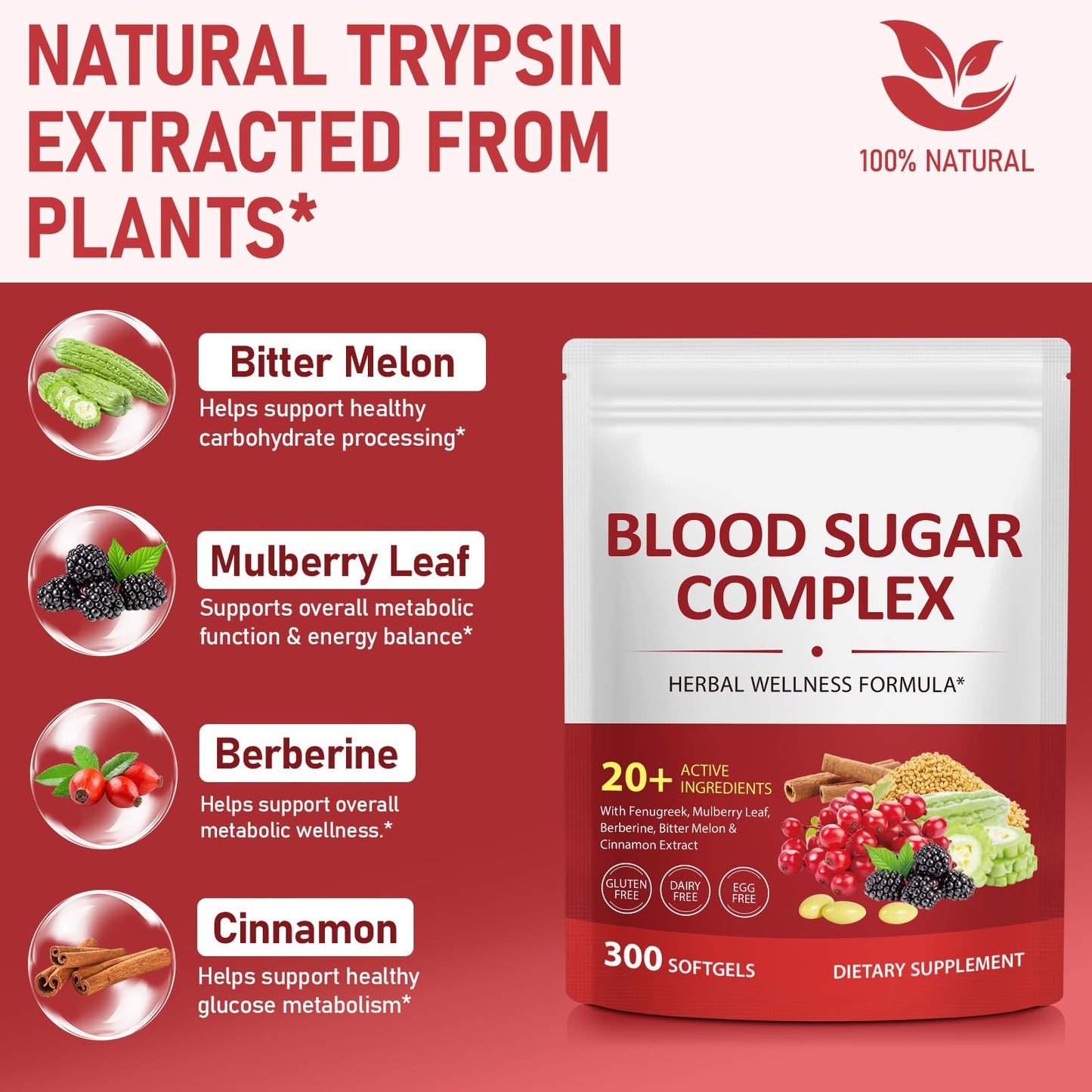 300 Softgels Blood Sugar Complex Supplement | 20+ Active Herbs-Berberine, Cinnamon, Bitter Melon, Mulberry Leaf, Fenugreek, Vitamins for Energy Level - dailyvitalstore