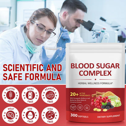 300 Softgels Blood Sugar Complex Supplement | 20+ Active Herbs-Berberine, Cinnamon, Bitter Melon, Mulberry Leaf, Fenugreek, Vitamins for Energy Level - dailyvitalstore