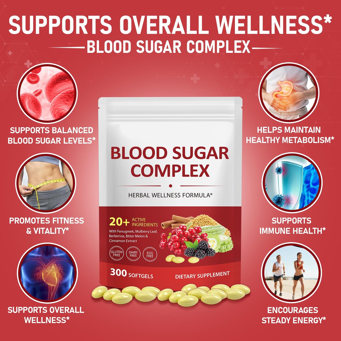 300 Softgels Blood Sugar Complex Supplement | 20+ Active Herbs-Berberine, Cinnamon, Bitter Melon, Mulberry Leaf, Fenugreek, Vitamins for Energy Level - dailyvitalstore
