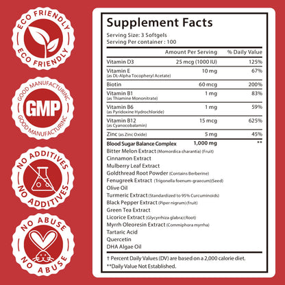 300 Softgels Blood Sugar Complex Supplement | 20+ Active Herbs-Berberine, Cinnamon, Bitter Melon, Mulberry Leaf, Fenugreek, Vitamins for Energy Level - dailyvitalstore