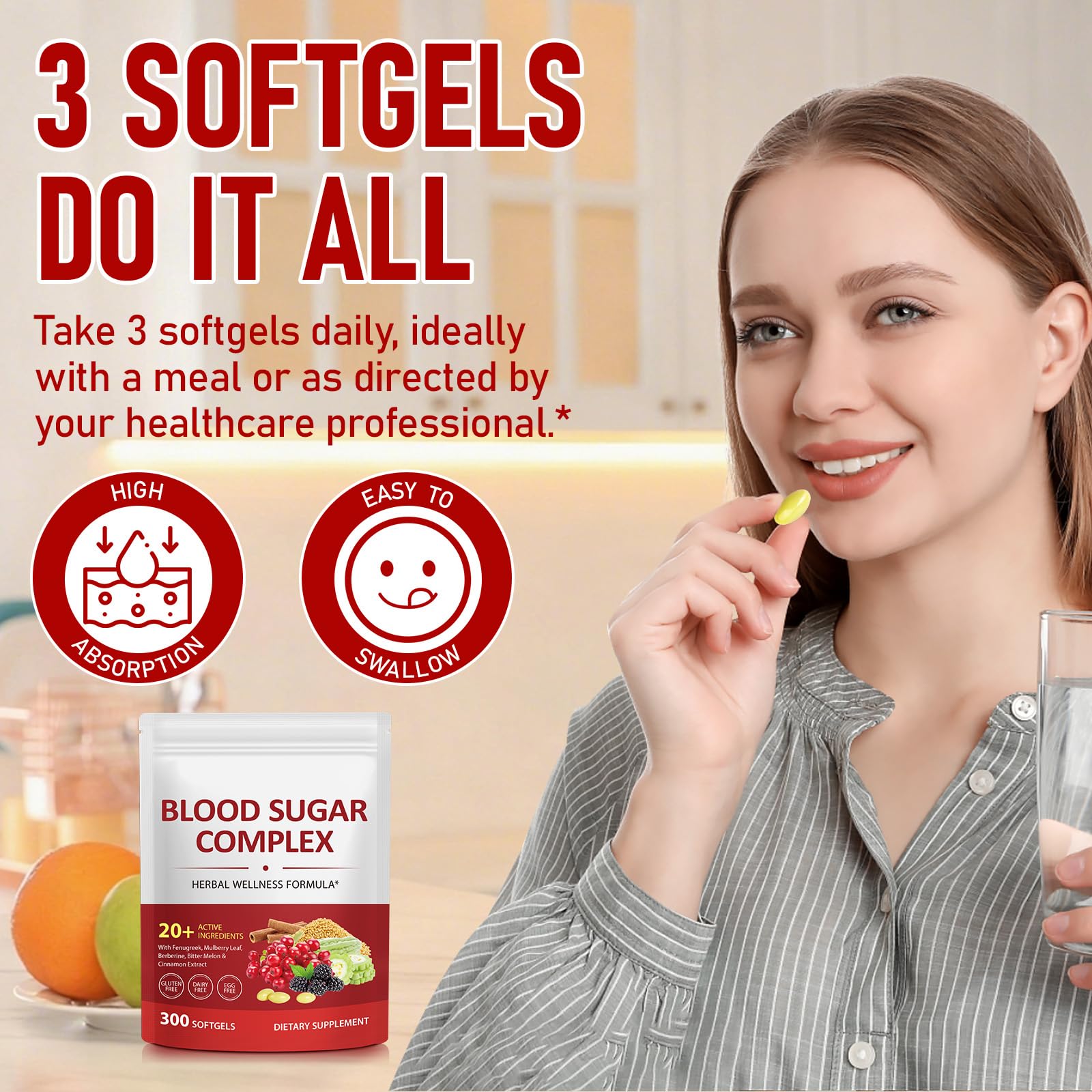300 Softgels Blood Sugar Complex Supplement | 20+ Active Herbs-Berberine, Cinnamon, Bitter Melon, Mulberry Leaf, Fenugreek, Vitamins for Energy Level - dailyvitalstore