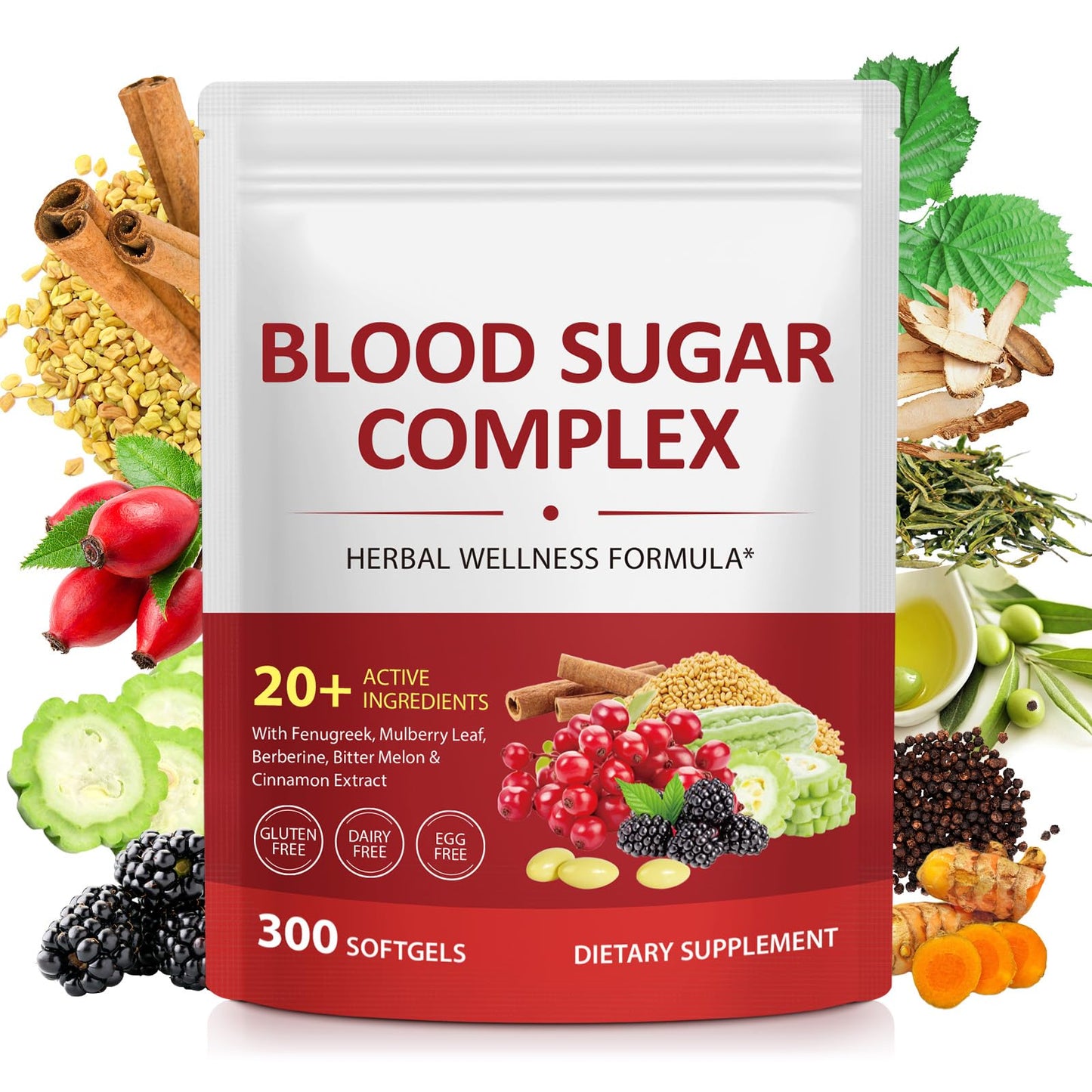 300 Softgels Blood Sugar Complex Supplement | 20+ Active Herbs-Berberine, Cinnamon, Bitter Melon, Mulberry Leaf, Fenugreek, Vitamins for Energy Level - dailyvitalstore