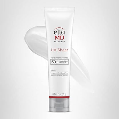 EltaMD UV Sheer Face and Body Sunscreen SPF 50+, Oil Free, No White Cast Sunscreen for Face and Body, Zinc Oxide Formula, 3.0 oz Tube