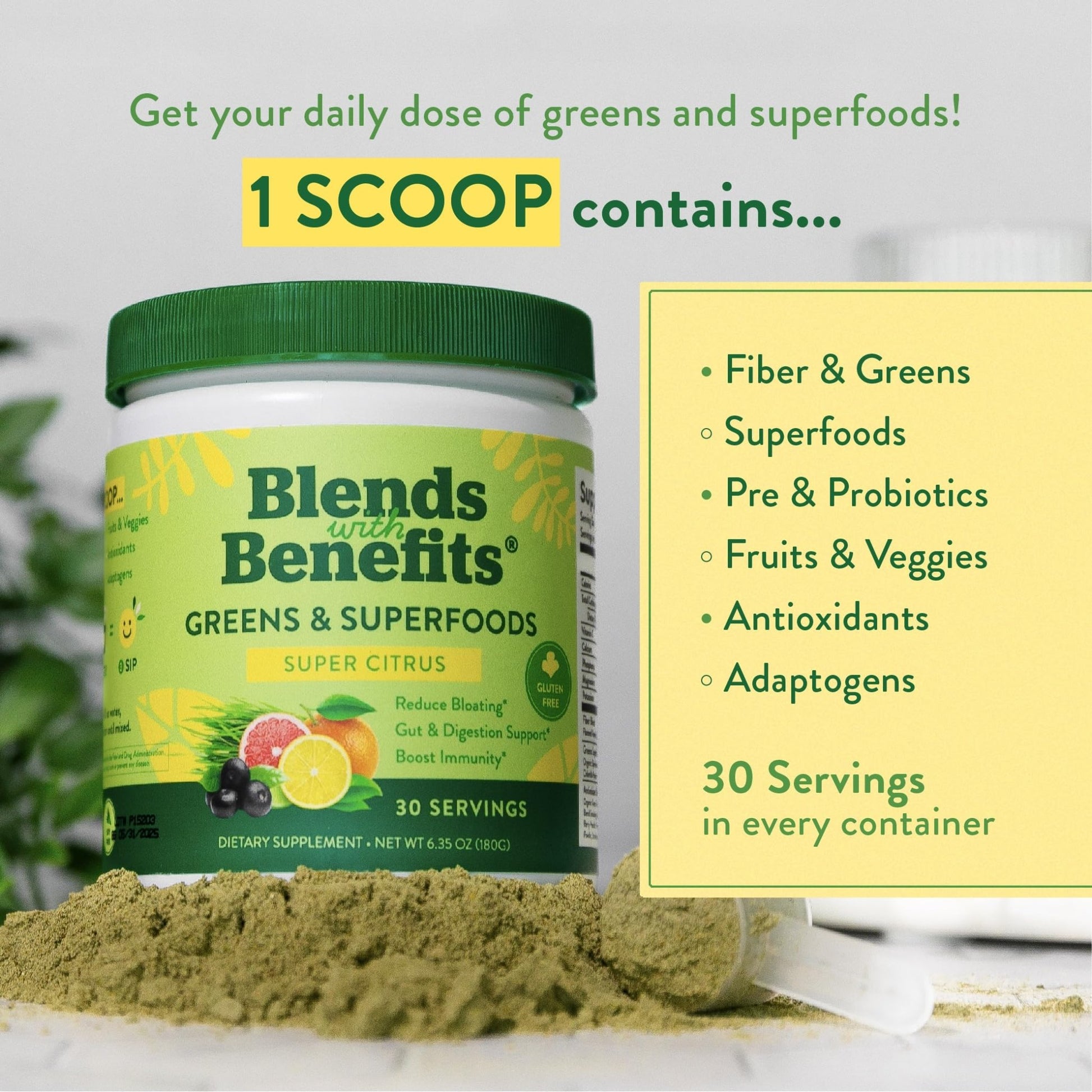 360 Nutrition Blends with Benefits Super Greens Powder w/Probiotics, Digestive Enzymes, Sugar & Gluten Free, Plant Based Superfood Drink Mix for Gut Health, Bloating, Immunity, Overall Health, 6.35 oz - dailyvitalstore
