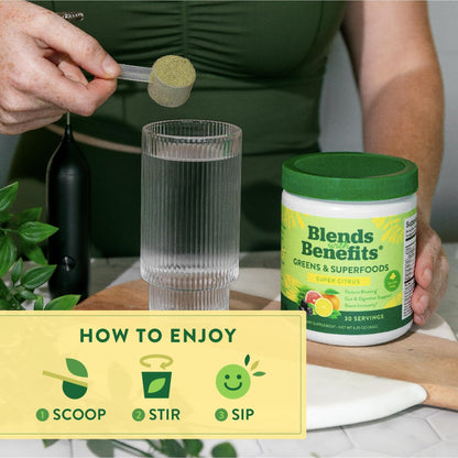 360 Nutrition Blends with Benefits Super Greens Powder w/Probiotics, Digestive Enzymes, Sugar & Gluten Free, Plant Based Superfood Drink Mix for Gut Health, Bloating, Immunity, Overall Health, 6.35 oz - dailyvitalstore