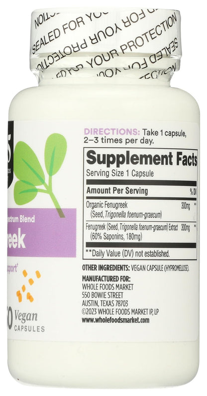 365 by Whole Foods Market, Fenugreek Standardized + Full Spectrum Blend, Lactation Support, Vegan Capsules, 60 Count - dailyvitalstore