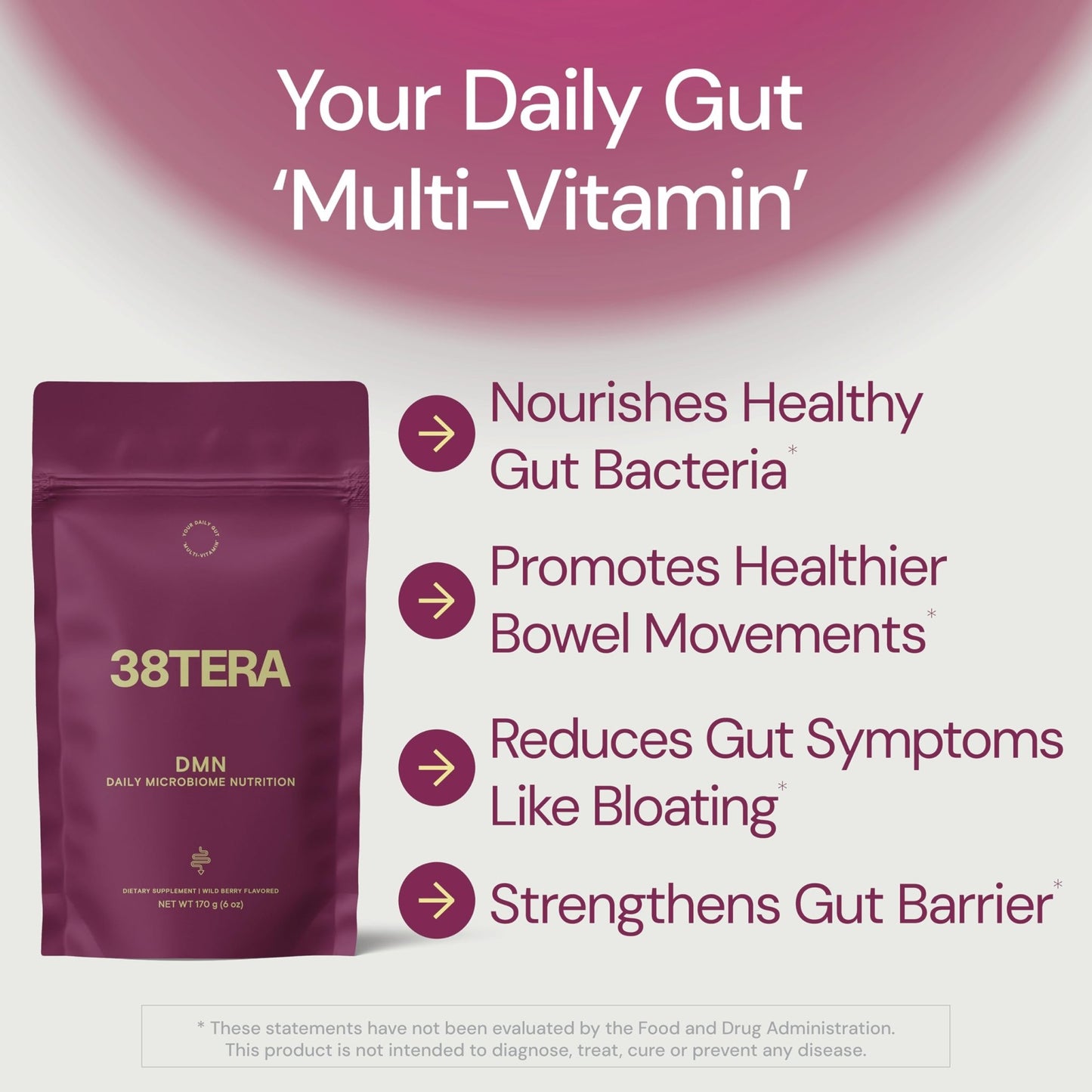 38TERA DMN (Daily Microbiome Nutrition), 6 Oz, Plant-Based Fiber Powder with 3 Different Prebiotics, Helps Digestive & Gut Health, Low FODMAP Supplement, Vegan, Wild Berry Flavor, 30 Servings - dailyvitalstore