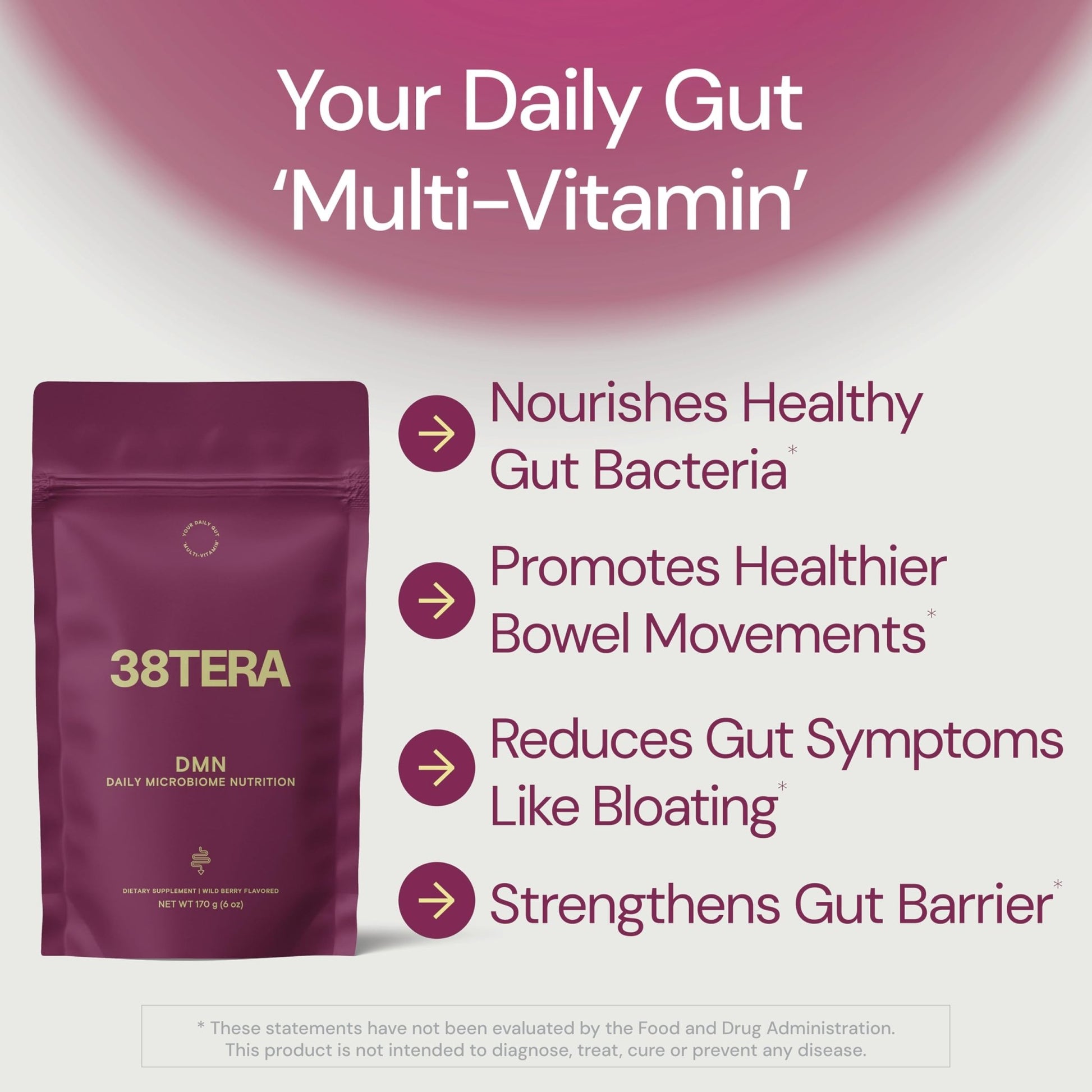 38TERA DMN (Daily Microbiome Nutrition), 6 Oz, Plant-Based Fiber Powder with 3 Different Prebiotics, Helps Digestive & Gut Health, Low FODMAP Supplement, Vegan, Wild Berry Flavor, 30 Servings - dailyvitalstore