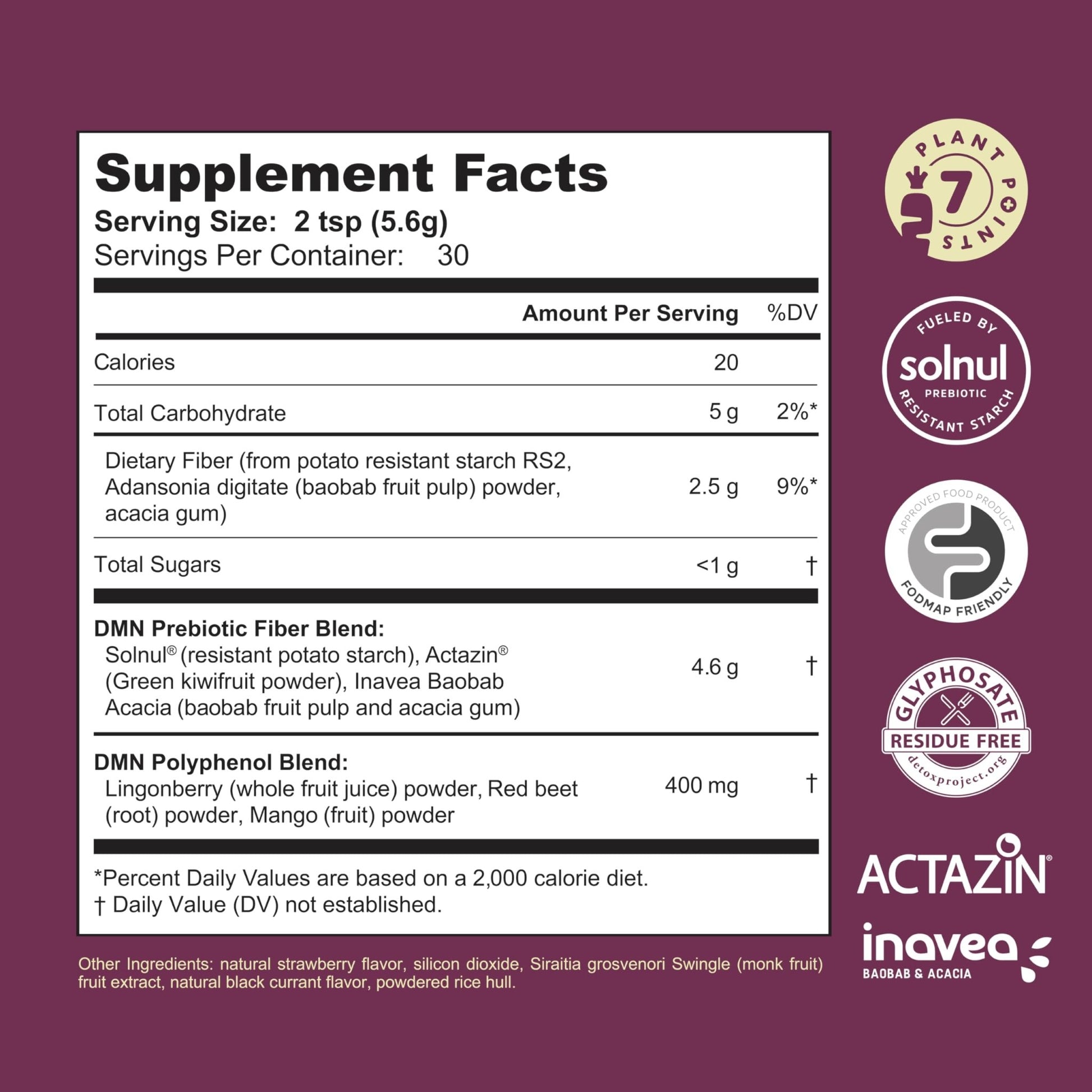 38TERA DMN (Daily Microbiome Nutrition), 6 Oz, Plant-Based Fiber Powder with 3 Different Prebiotics, Helps Digestive & Gut Health, Low FODMAP Supplement, Vegan, Wild Berry Flavor, 30 Servings - dailyvitalstore