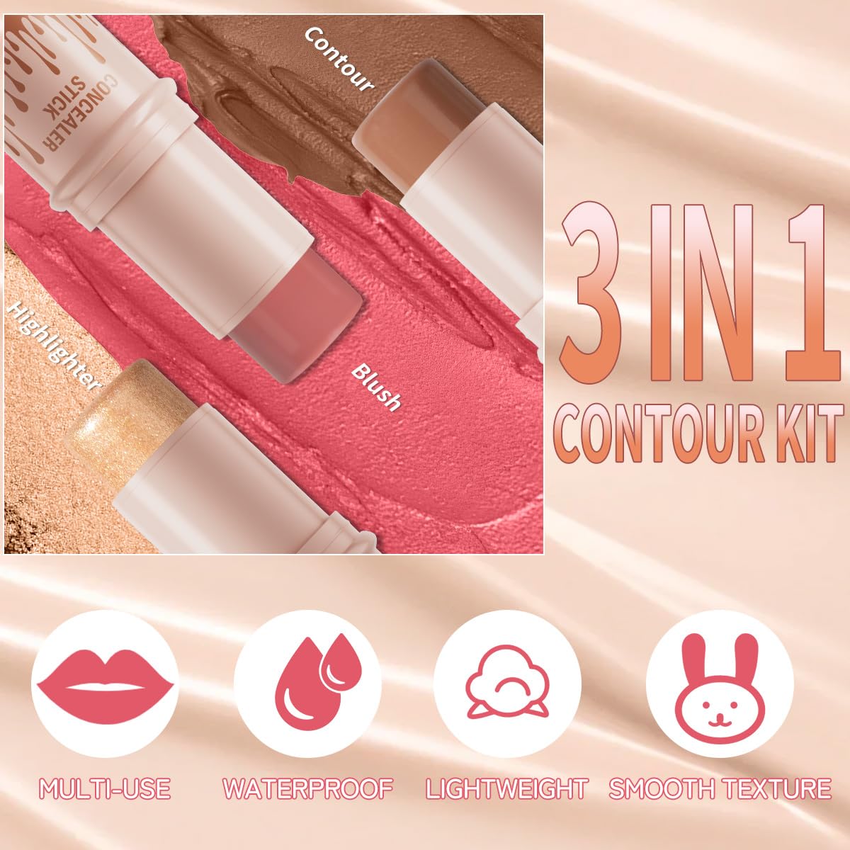 3Pcs Cream Contour Sticks Kit, Highlighter Stick Blush Stick Cream Contour Kit Makeup Set with Brush,Face Brightens & Shades Contour Stick Waterproof for Women - dailyvitalstore