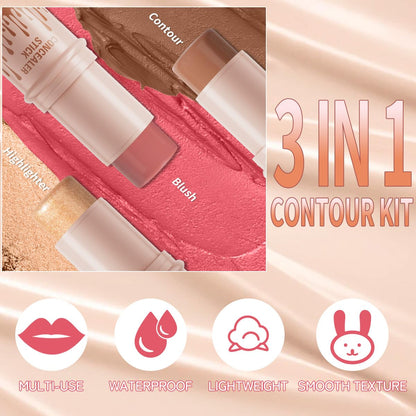 3Pcs Cream Contour Sticks Kit, Highlighter Stick Blush Stick Cream Contour Kit Makeup Set with Brush,Face Brightens & Shades Contour Stick Waterproof for Women - dailyvitalstore