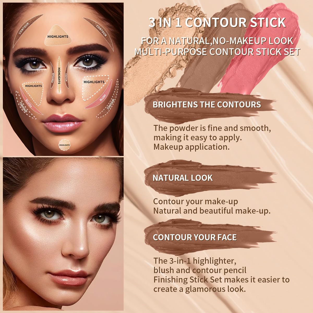 3Pcs Cream Contour Sticks Kit, Highlighter Stick Blush Stick Cream Contour Kit Makeup Set with Brush,Face Brightens & Shades Contour Stick Waterproof for Women - dailyvitalstore