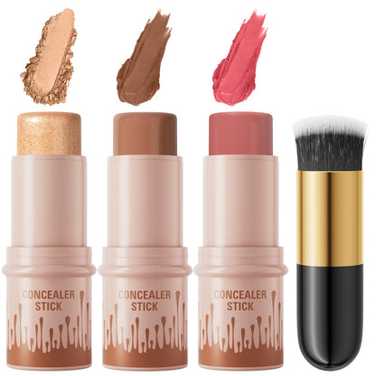 3Pcs Cream Contour Sticks Kit, Highlighter Stick Blush Stick Cream Contour Kit Makeup Set with Brush,Face Brightens & Shades Contour Stick Waterproof for Women - dailyvitalstore