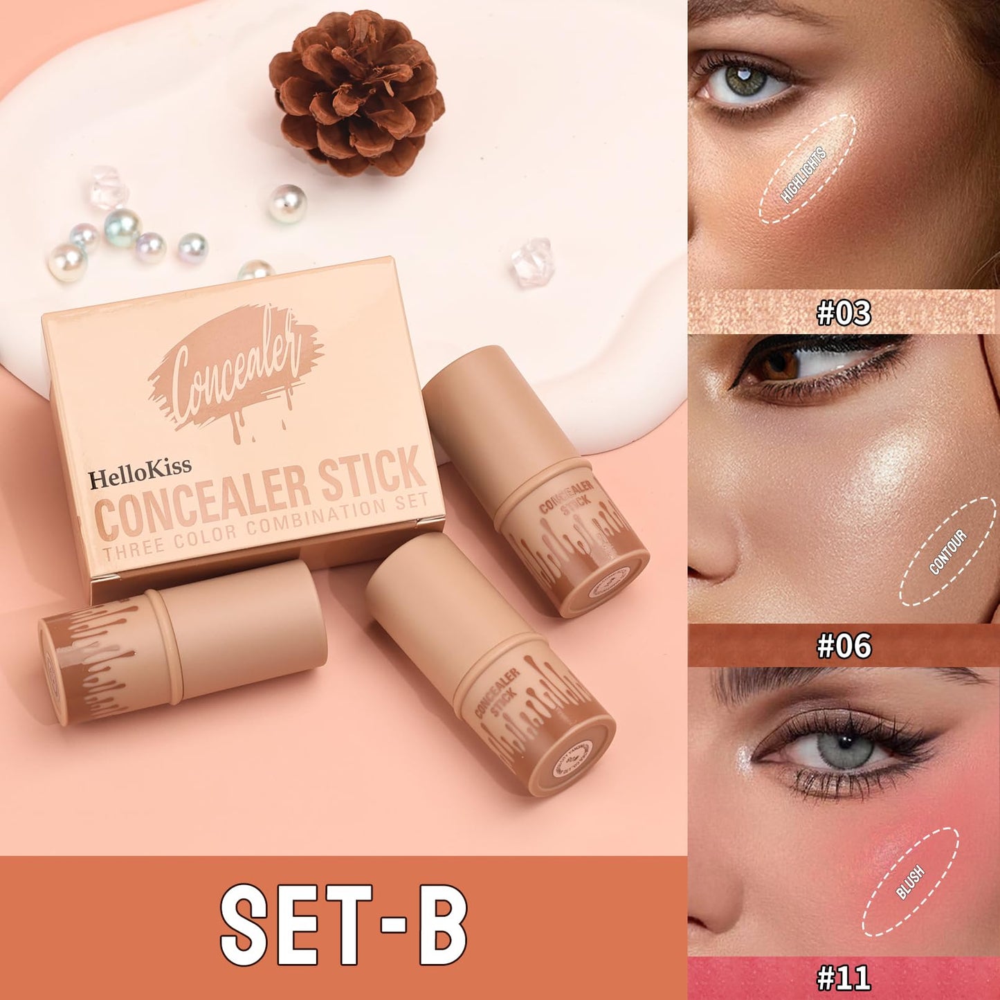 3Pcs Cream Contour Sticks Kit, Highlighter Stick Blush Stick Cream Contour Kit Makeup Set with Brush,Face Brightens & Shades Contour Stick Waterproof for Women - dailyvitalstore