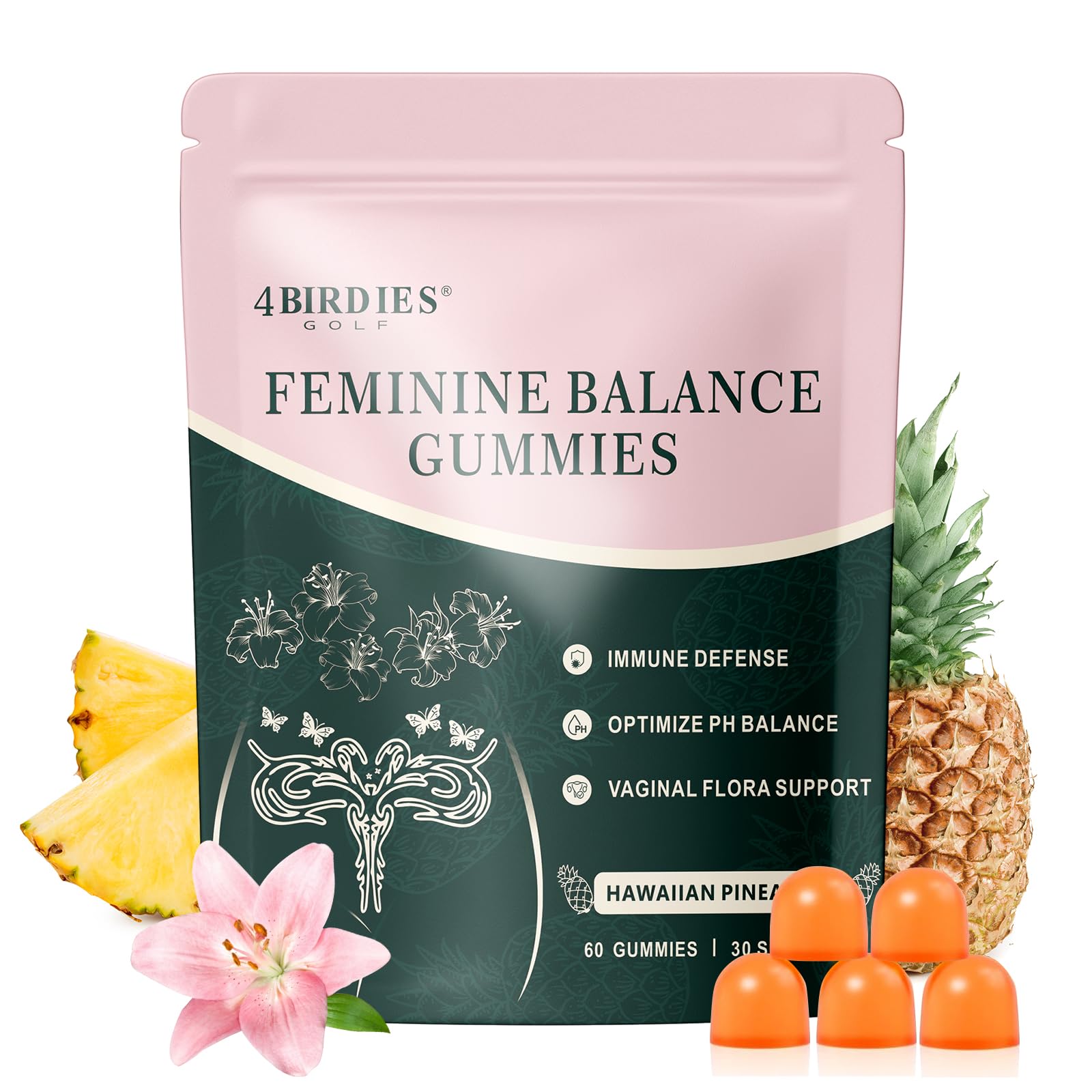 4 BIRDIES GOLF Premium Feminine Balance Gummies for Women's Health, Hawaiian Pineapple Gummies for Women Vaginal Probiotic & pH Balance Support - Vegan - Healthy Odor - Gluten-Free - 60 Count - dailyvitalstore