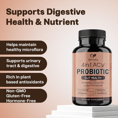 4-in-1 ACV Gut Formula – Apple Cider Vinegar, Prebiotics & Probiotics, Digestive Enzymes – Immune & Complete Digestion – 60 Veggie Capsules - dailyvitalstore