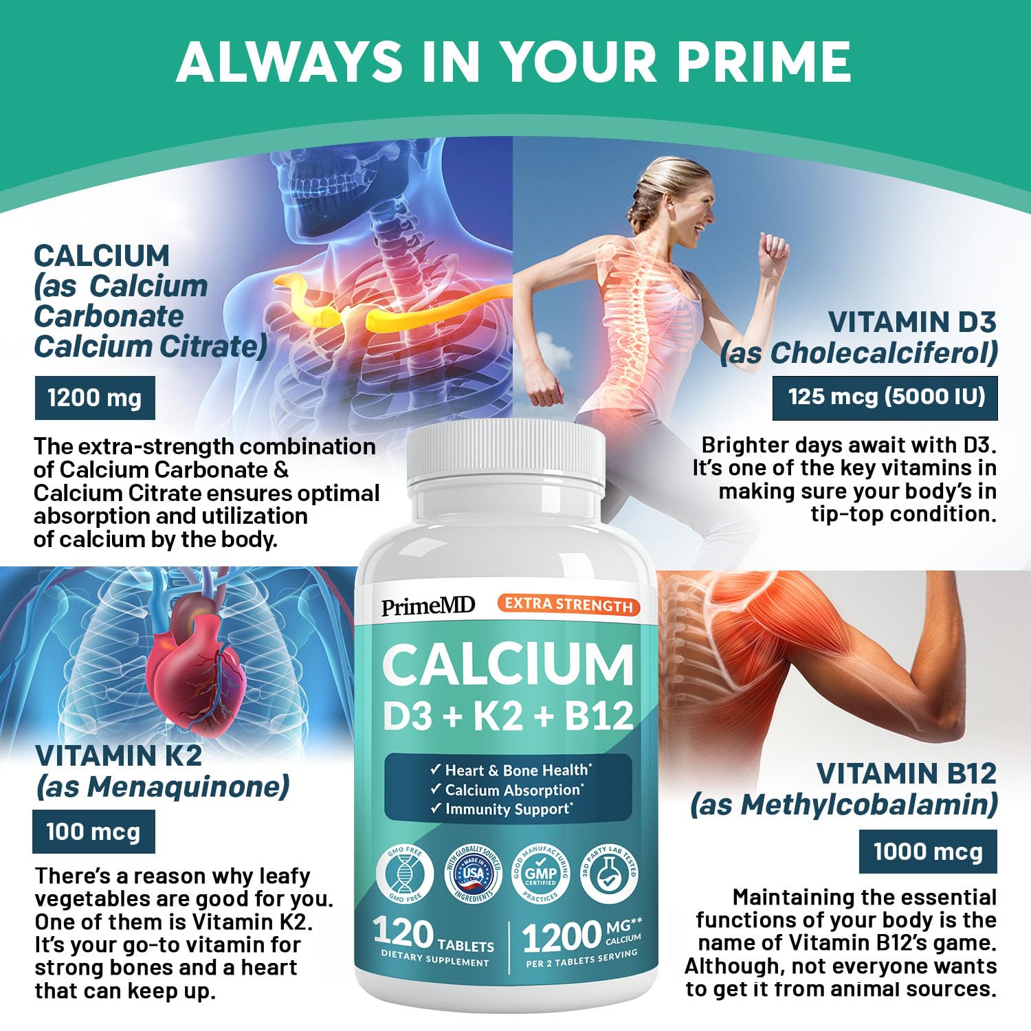 4-in-1 Calcium 1200 mg with Vitamin D3 K2 - Extra Strength Calcium Supplements for Women & Men with D3 K2 Vitamin 5000 IU - Everyday Vitality Supplement - dailyvitalstore