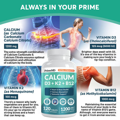 4-in-1 Calcium 1200 mg with Vitamin D3 K2 - Extra Strength Calcium Supplements for Women & Men with D3 K2 Vitamin 5000 IU - Everyday Vitality Supplement - dailyvitalstore