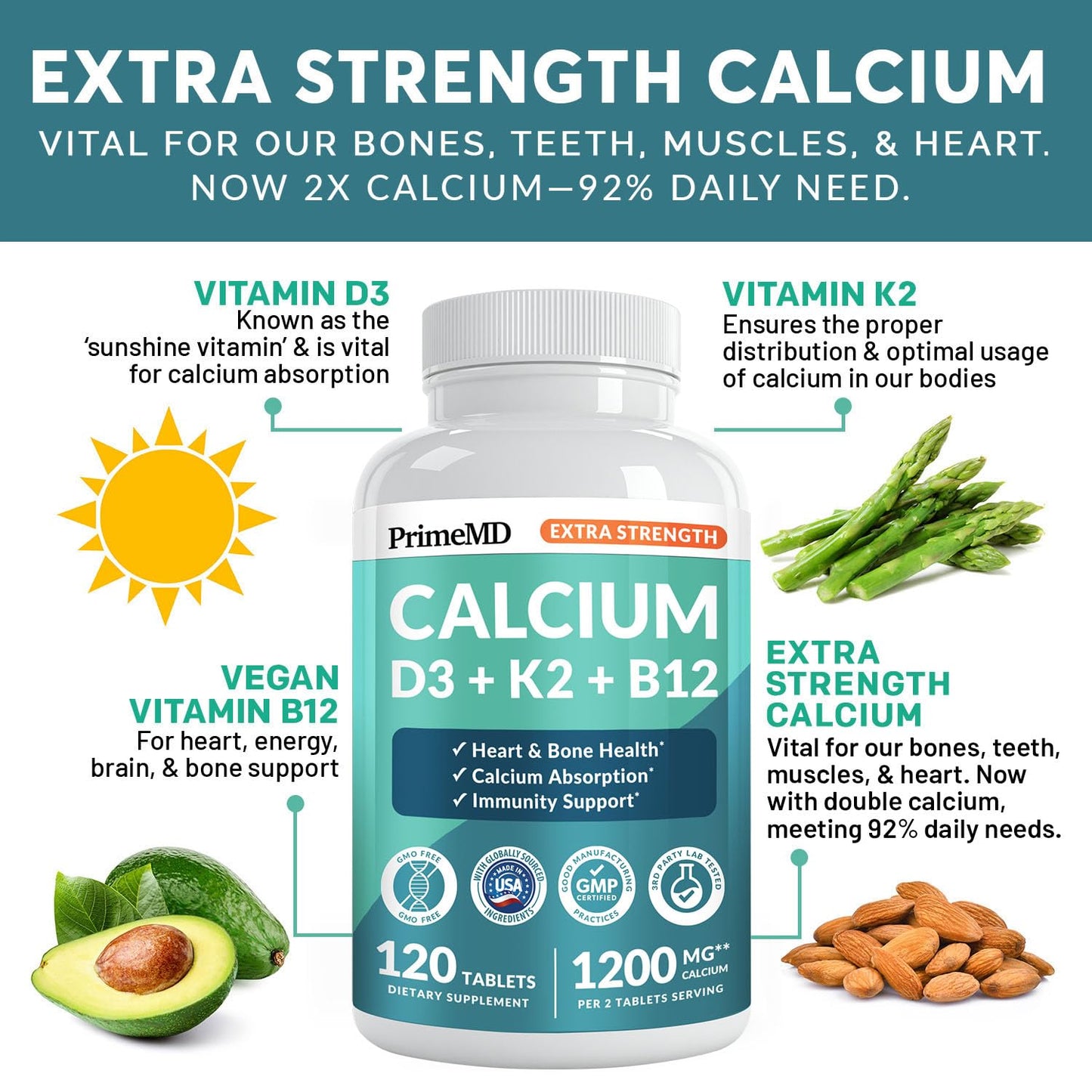 4-in-1 Calcium 1200 mg with Vitamin D3 K2 - Extra Strength Calcium Supplements for Women & Men with D3 K2 Vitamin 5000 IU - Everyday Vitality Supplement - dailyvitalstore