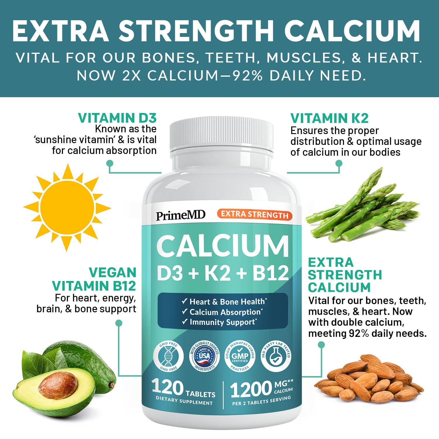 4-in-1 Calcium 1200 mg with Vitamin D3 K2 - Extra Strength Calcium Supplements for Women & Men with D3 K2 Vitamin 5000 IU - Everyday Vitality Supplement - dailyvitalstore