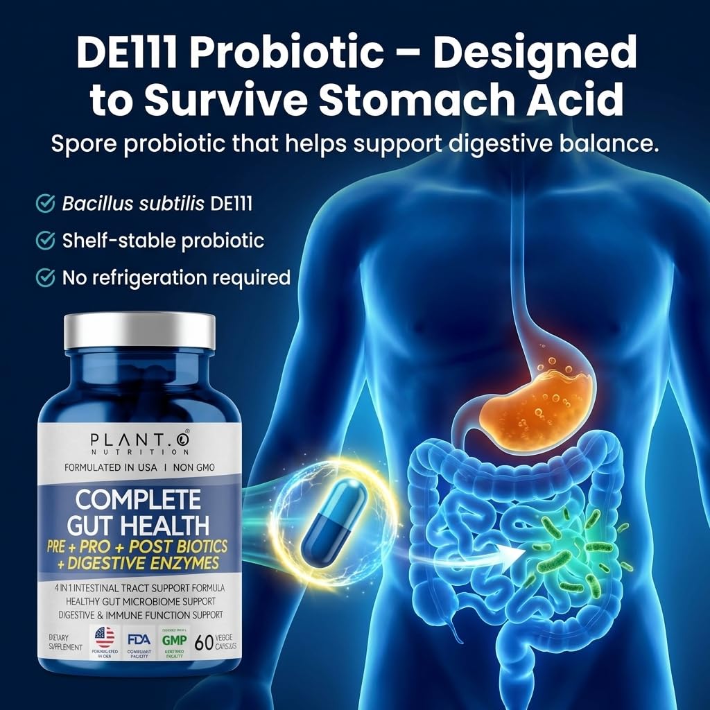 4-in-1 Gut Health Support – Prebiotics + Probiotics + Postbiotics + Digestive Enzymes – DE111 Spore Probiotic for Digestive Support & Bloating - dailyvitalstore