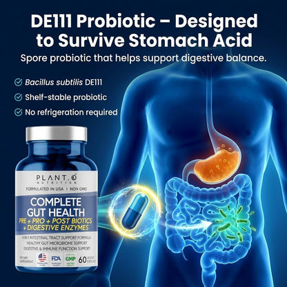4-in-1 Gut Health Support – Prebiotics + Probiotics + Postbiotics + Digestive Enzymes – DE111 Spore Probiotic for Digestive Support & Bloating - dailyvitalstore