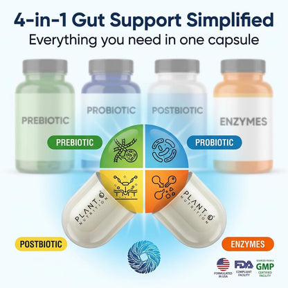 4-in-1 Gut Health Support – Prebiotics + Probiotics + Postbiotics + Digestive Enzymes – DE111 Spore Probiotic for Digestive Support & Bloating - dailyvitalstore